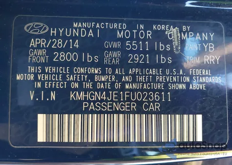 2015 Hyundai Genesis 3.8 from USA, damaged, VIN KMHGN4JE1FU023611